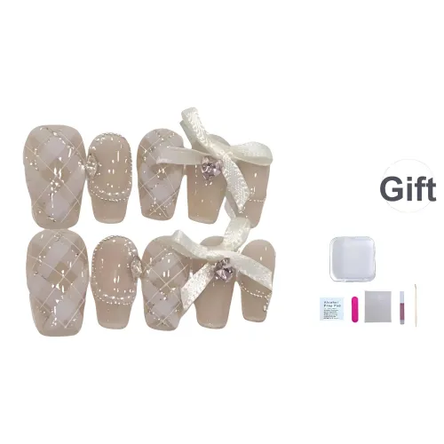 Еще несколько милых Handcrafted False Nail Элегантность Стальной Бусина Французский Бант Клетчатый Nail Art Короткий LADDER Телесный Smudge