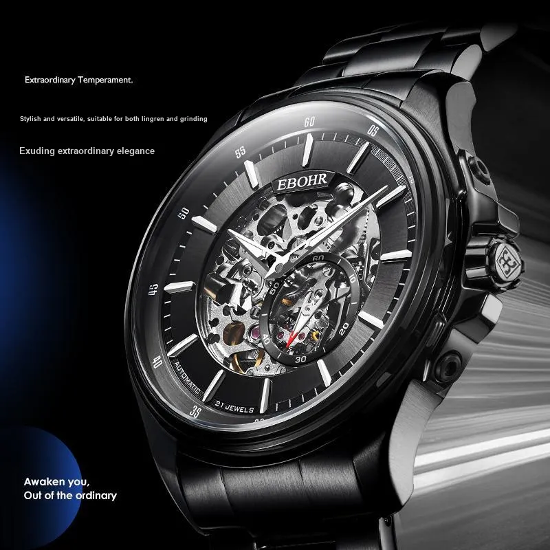 EBOHR Explorer Collection Mechanical Heart Mechanical Movement Stainless Steel Strap Watch Men's Watches Black Dial-4