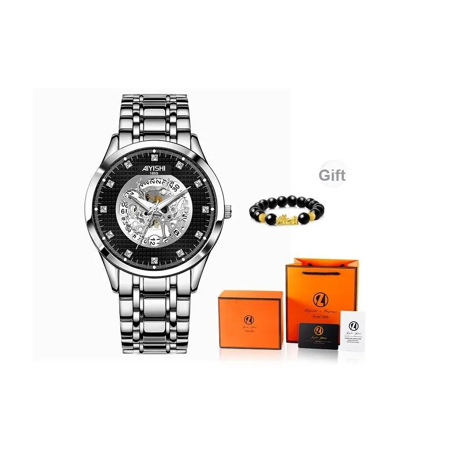 AIYISHI Кварцевый механизм ремешок из нержавеющей стали мужские часы циферблат с открытым механизмом