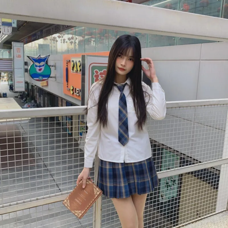 Ice cream and whale Uniforms Women's Jingsiyue Shirt+Misty Whale Checkered Skirt, Comes With A Bow Tie+Skirt Clip+School Emblem-3