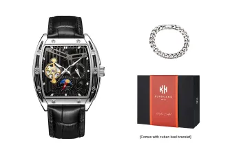 KUN HUANG Mechanical Movement Genuine Leather Strap Watch Men's Watches Black Dial