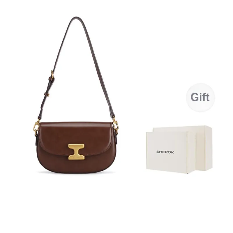 SHEPOK Cow Leather Shoulder Bag Crossbody Bag Saddle Bag Shoulder Bag Women's Coffee/Black/Ecru-0