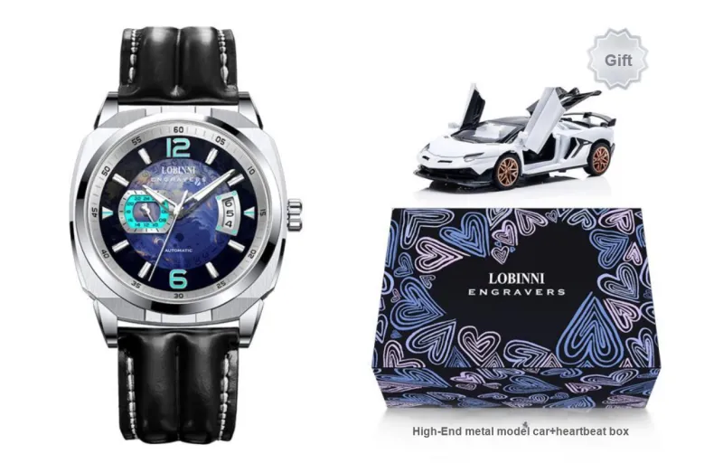 LOBINNI L Automatic Mechanical Movement Genuine Leather Strap Watch Men's Watches Blue Dial-8