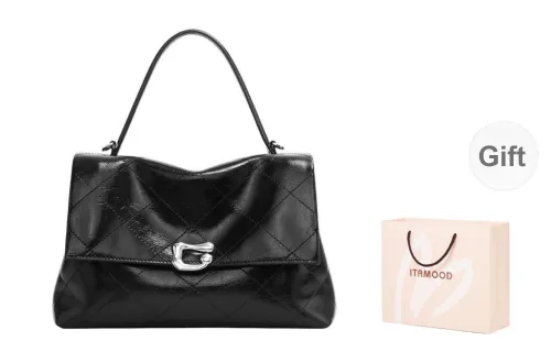 Miao Di Textured Waxed Cow Leather Tote Kelly Bag Shoulder Bag Crossbody Bag Handbag Regular Women's Obsidian Black