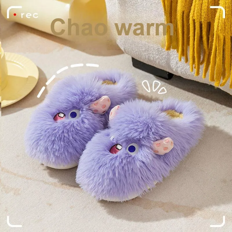 Foot Recreation Winter Cartoon Cute Long Mohair Suede Fabric Warm Slip Resistant Home Slippers Women's-3