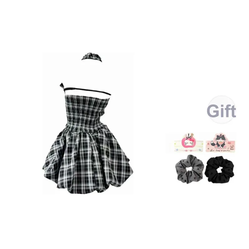 YAUH Sleeveless Dress Women's Black White Grid Pattern-1
