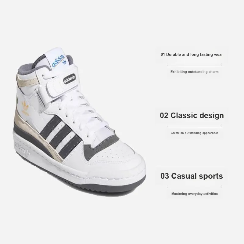 Adidas Originals FORUM Mid J Anti Slip Wear Resistant Mid Top Kids' Skateboarding Shoes White Gray Teenagers-1