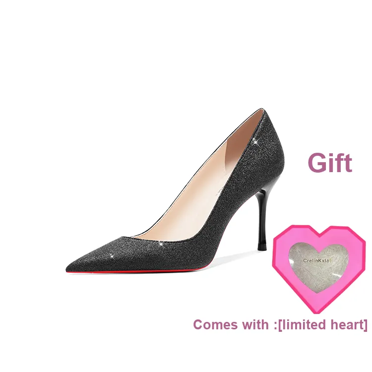 Crelinkxlat French Versatile Sequins Crystal Wedding Shoes Slim Heel High Heels Women's Starburst Black
