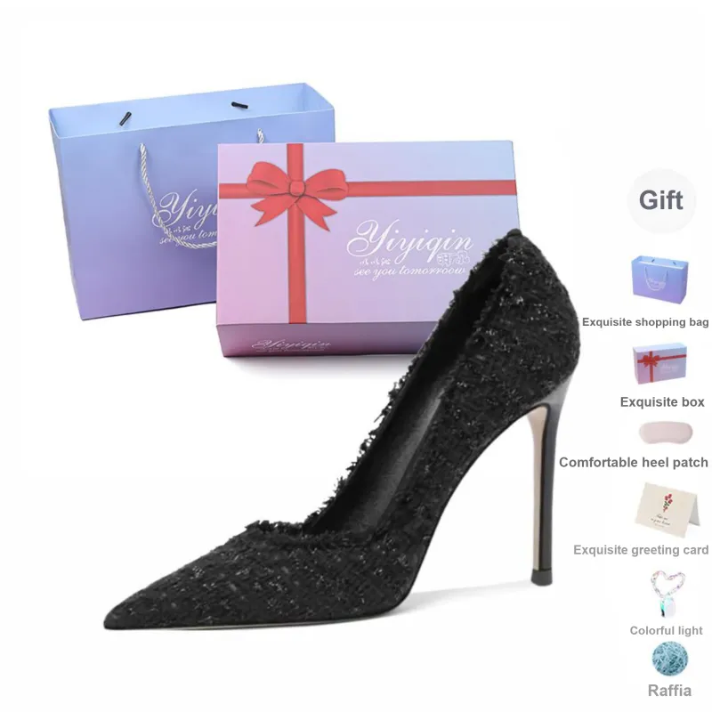 Take The Qin Slim Heel High Heels Women's Black Gift Box Set-6