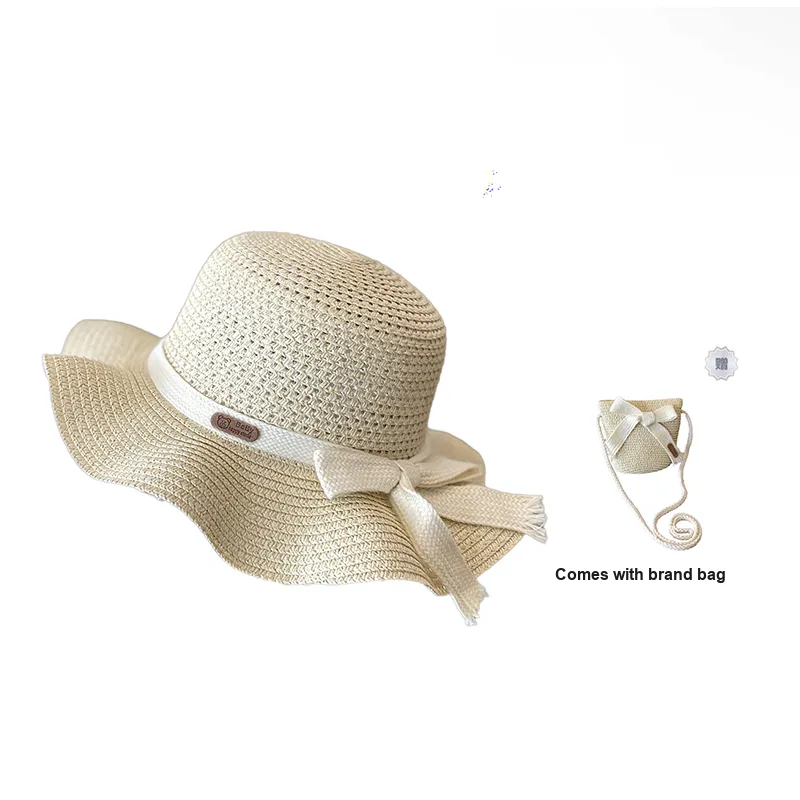 AAJF Paper Made From Straw Sun Protection Straw Hat Bag Set For Girls Princess Beach Girl Sun Bucket Hat Kids'-5
