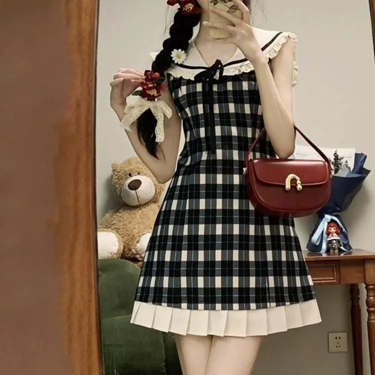 COVT Sleeveless Dress Women's Black White Plaid-2