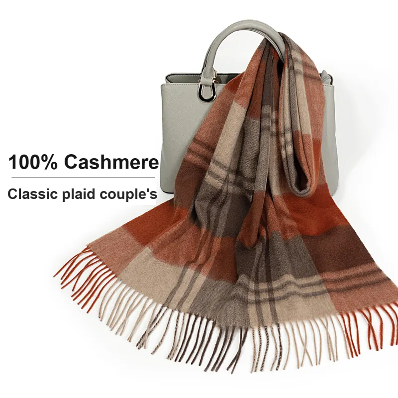 Shanghai Story 100% Cashmere Knit Scarves Unisex Beige And Orange Check Gift Box Set-61
