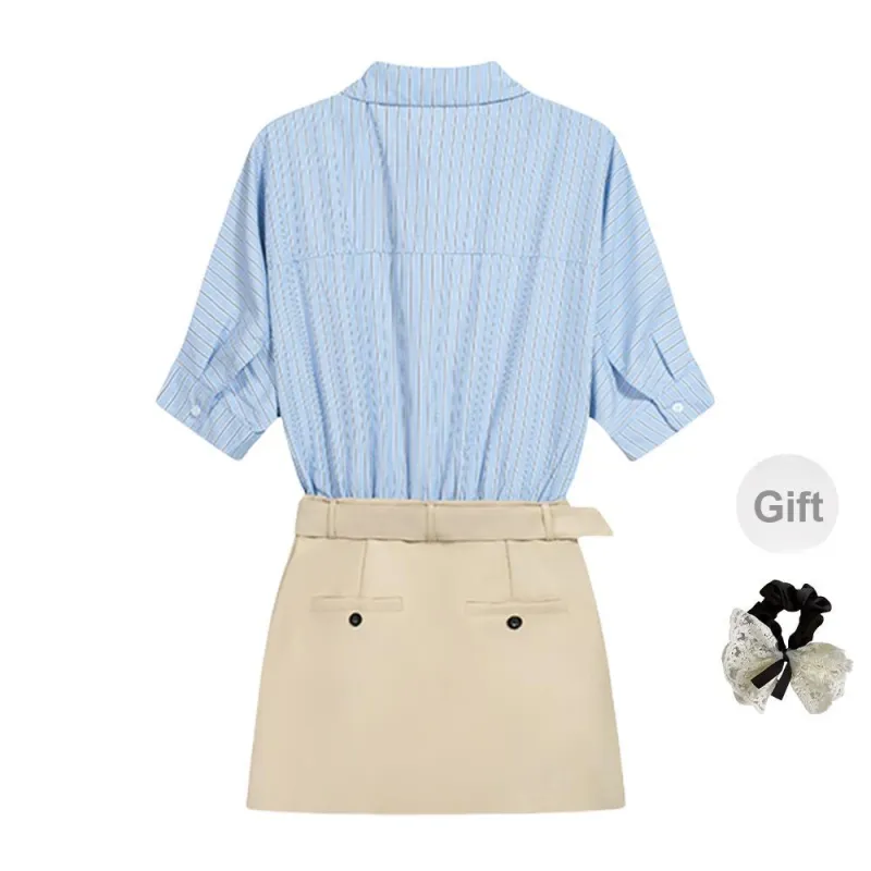 TUSHIFEI Short Sleeved Dress Women's Blue Stripes Pattern+Hair Tie Comes With-1