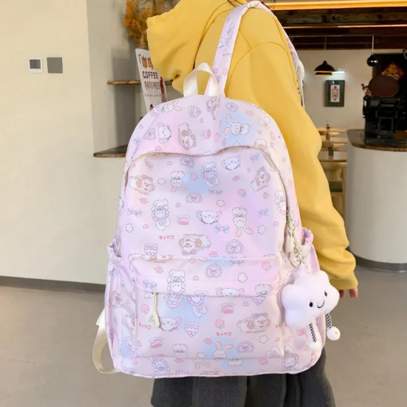 KAMLUI Nylon Backpack Unisex Light Pink Bunny/Light Blue Bowknot/White Puppy/Beige Little Bear/Ecru Little Red Rabbit-2