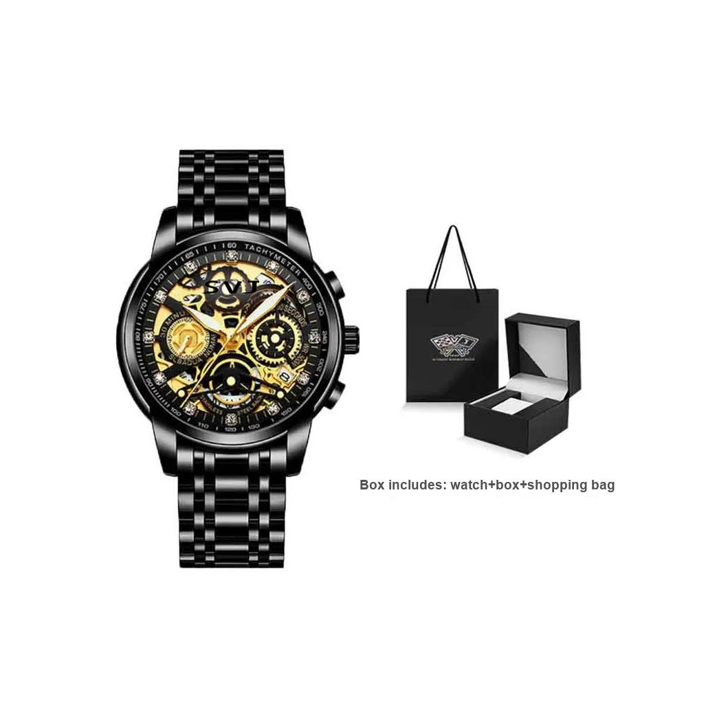 SVJ Round Watch Collection Кварцевый механизм ремешок из нержавеющей стали черный циферблат мужские часы