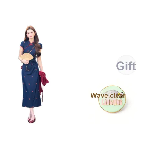 LANGQING Кардиган + Чонсам Розыгрыш Бренд Наклеенный Женские Короткие Рукава Платья