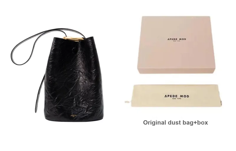 APEDE MOD Top Grain Cow Leather Bucket Bag Crossbody Handbag Shoulder Bag Large Size Women's Black-0