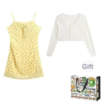 Dippanis Two Piece Skirt Sets Women's Yellow Camisole Dress+White Cardigan Shopping Bag