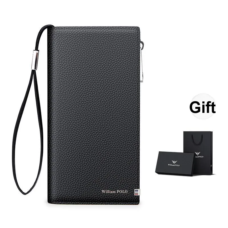 WilliamPOLO Cow Leather Long Multifunction Wallet Coin Zipper Handbag Regular Men's Black