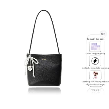 Teenmix Top Grain Cow Leather Shoulder Bag, Crossbody Bag, Bucket Bag, Shoulder Bag Regular Women's Black/Ecru/Red