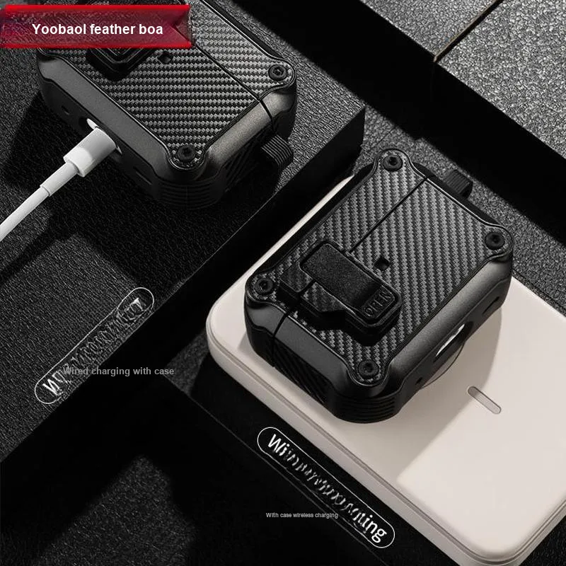 Yoobao Compatibility AirPods4 TPU Automatic Lid, Carbon Fiber Texture Impact Resistant Headphone Cases-3