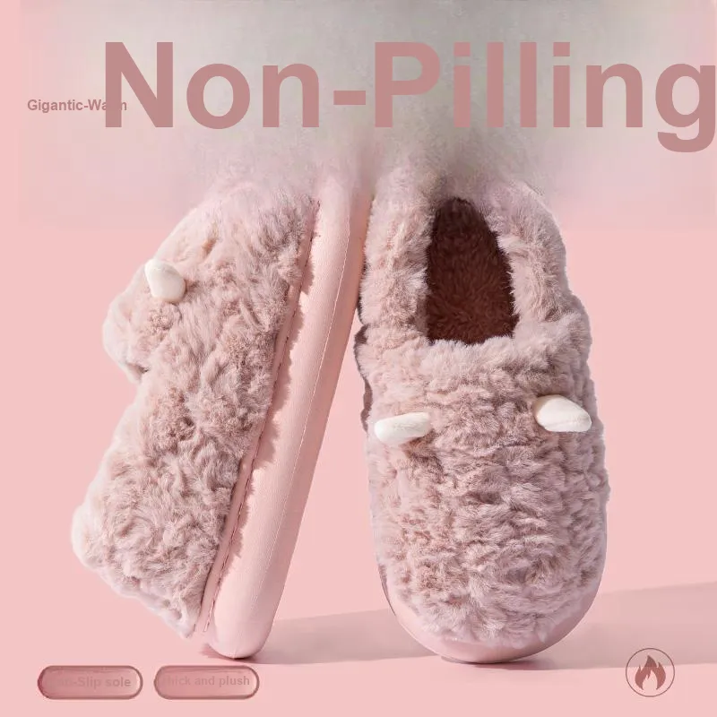 Foot Recreation 3D Effect Small Ears Solid Color Fleece Slippers Winter Home Indoor Warm Cotton Home Slippers Unisex-17
