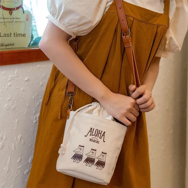 Hello Marche Fabric Bucket Bags Shoulder Bag Crossbody Bag Unisex White-4