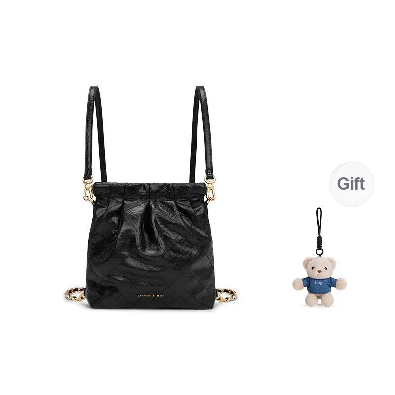CHARLES&KEITH Polyurethane Synthetic Leather Backpack Women's Black/Cream Milk White/Silver/Pink-0