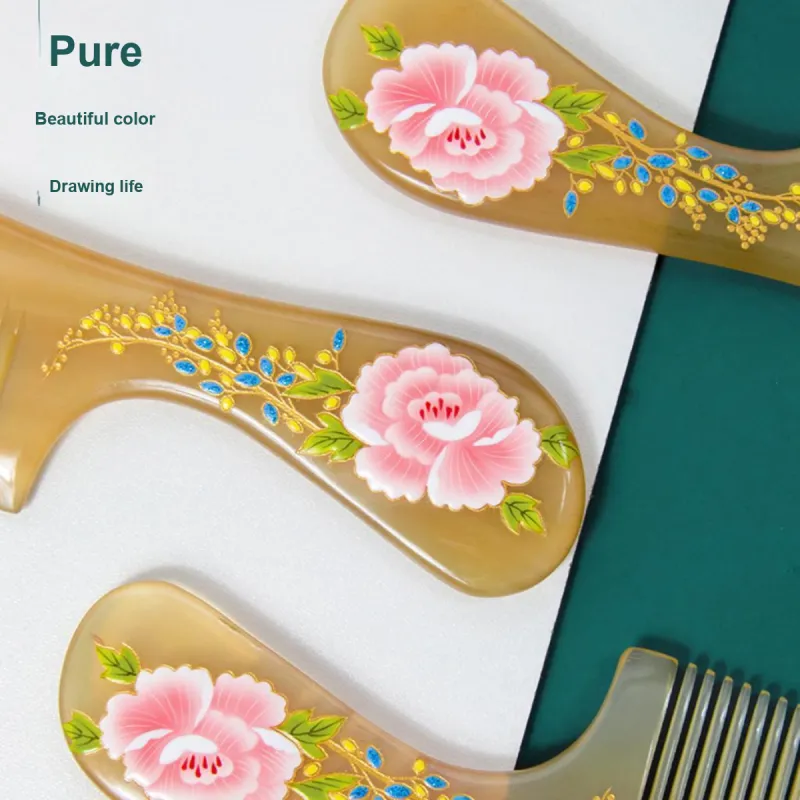 Cow Daddy Thickened Edition Painted Peony Sheep Horn Box Comb Smooth Hair Scalp Massage-3