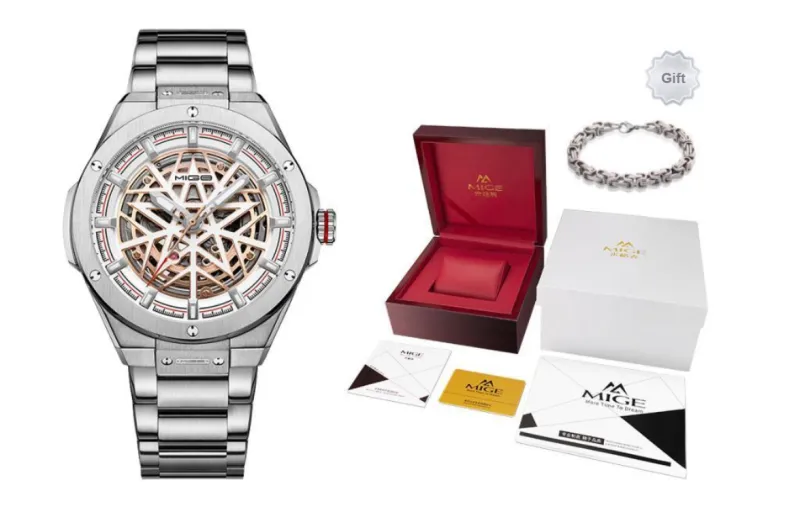 MIGE Mechanical Movement Stainless Steel Watchband Watch Men's Watches Black Dial-5