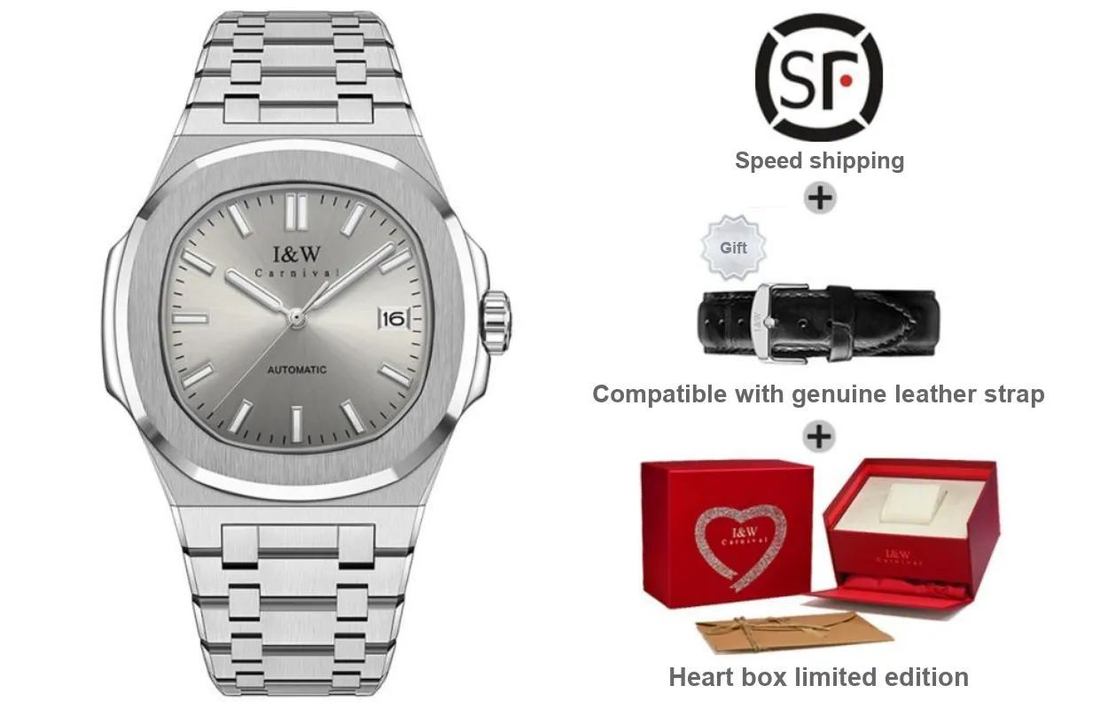 I&W CARNIVAL HWGUOJI Automatic Mechanical Movement Stainless Steel Watchband Watch Men
s Watches Gray Dial