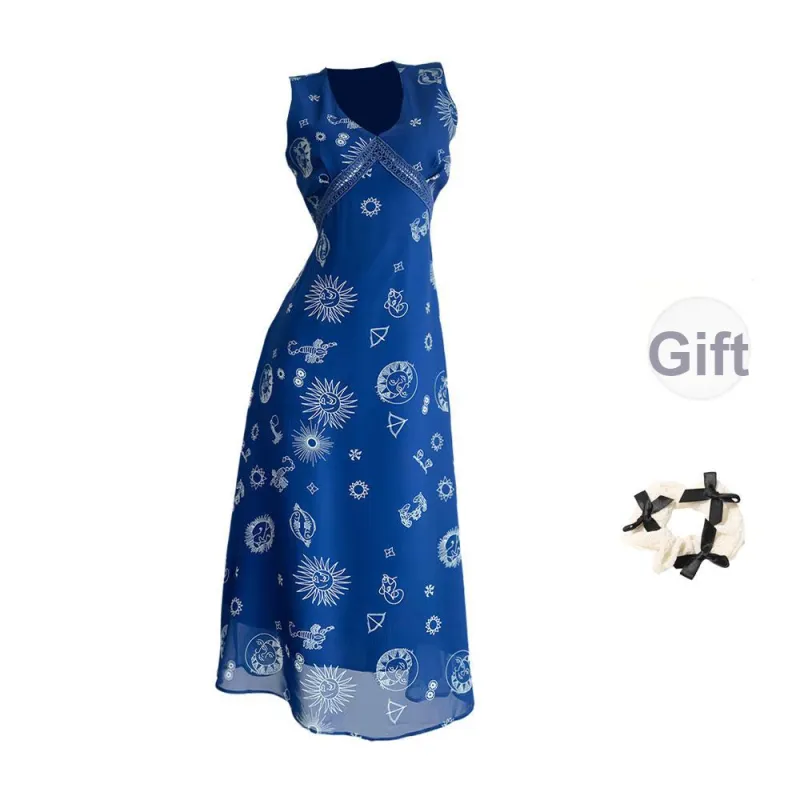 CPAURA Slip Dresses Women's Navy Blue+Bowknot Hair Tie Set-0