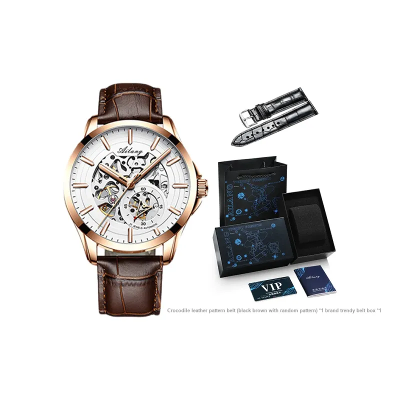AILANG Automatic Mechanical Movement Genuine Leather Strap Watch Men's Watches White Dial-21