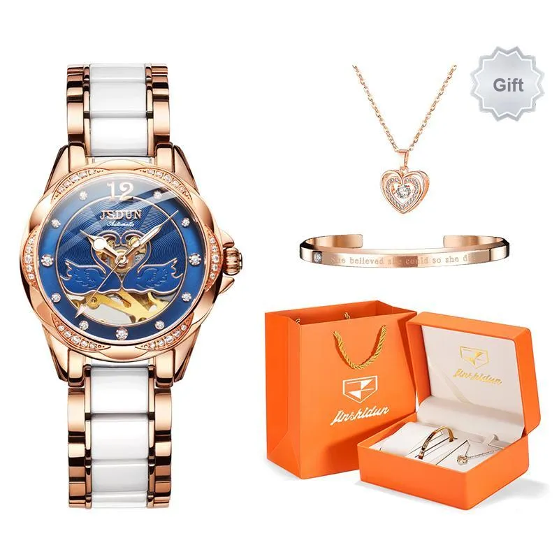 Jin Shi Dun Hollow Heart Design Box Mechanical Movement Watch Women's Watch White Dial-9
