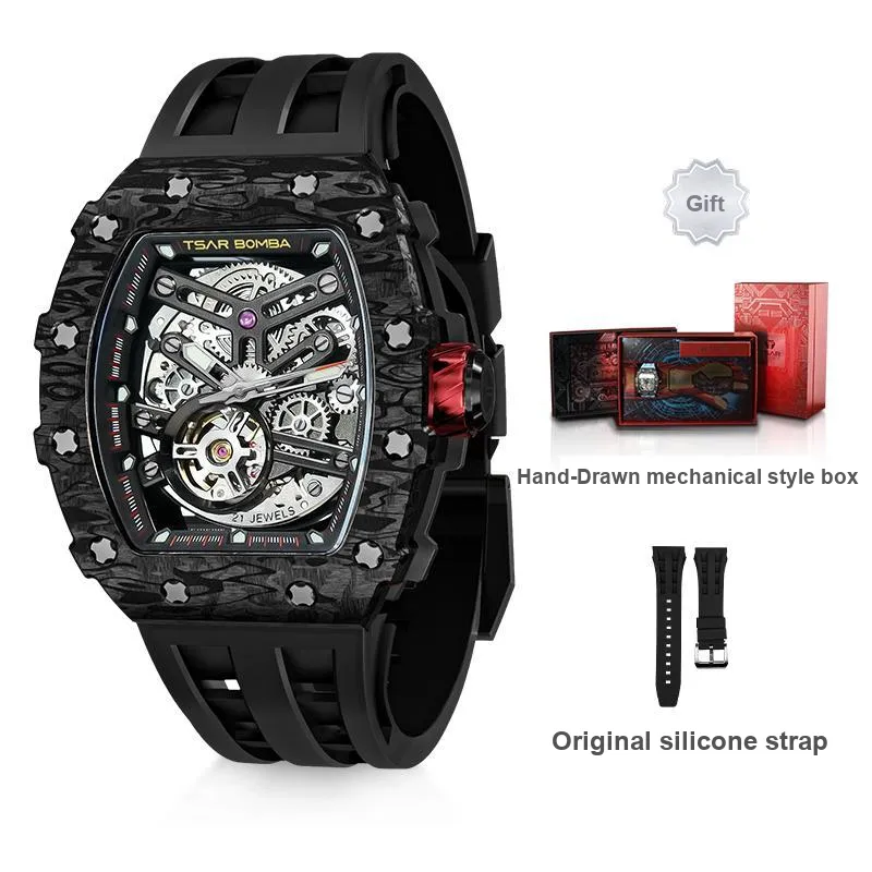 TSAR BOMBA Automatic Mechanical Movement Silicone Strap Watch Men's Watches Black Dial-1