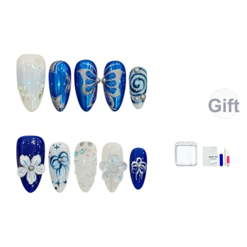 JINGCHANXUE [Лазурное Глубокое море] Остров Броги False Nail Миндаль Сине-белый Jump Цвет Бант 14mm