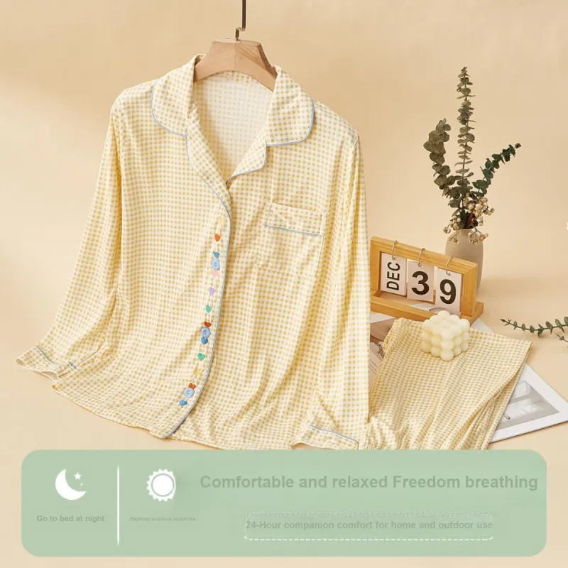 Yalu Pajama Set Women's Heart Small Plaid Yellow-2