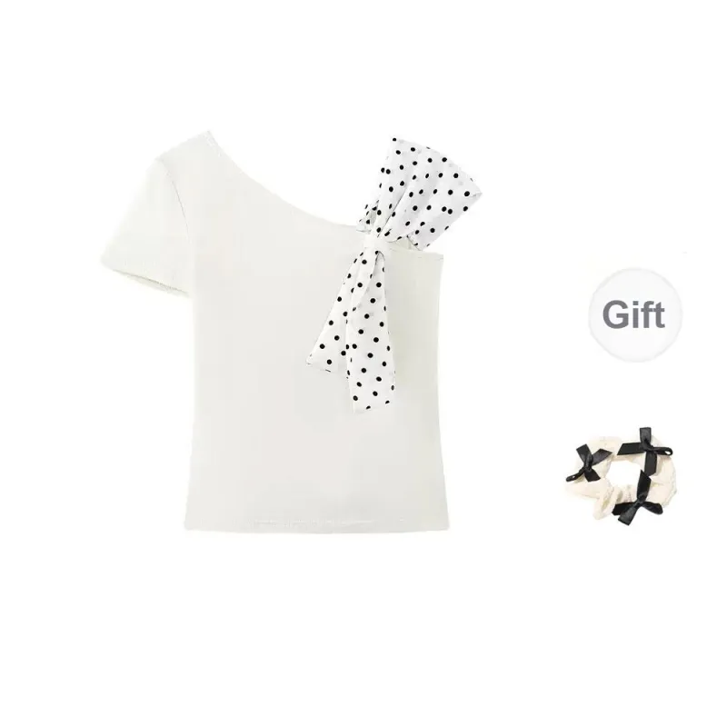 CPAURA T Shirts Women's White+Bowknot Hair Tie Comes With-0