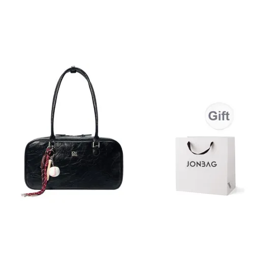 JONBAG Top Grain Cow Leather Vintage Shoulder Bag Versatile Premium Feel Large Size Women's Black Oil Wax