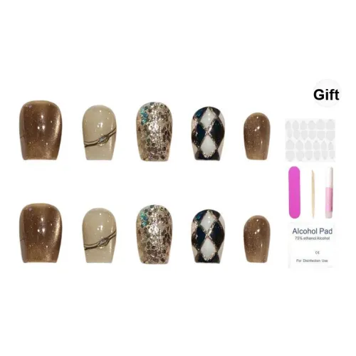 XIAMEIYU Коричневый Шахматный узор Кошачий глаз Ручная Nail Art Фальшивая ногтевая пластина Короткий LADDER 18mm
