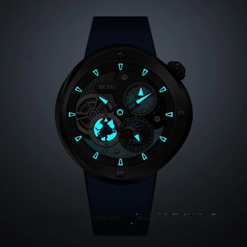 BEXEI The Wandering Earth Automatic Mechanical Movement Fluoroelastomer Strap Watch Men's Watches Black Dial-18