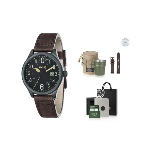 AVI 8 HAWKER HURRICANE Наручные часы Кварцевый механизм Натуральная кожа Ремешок 43 мм Черный циферблат Мужские часы Коробка