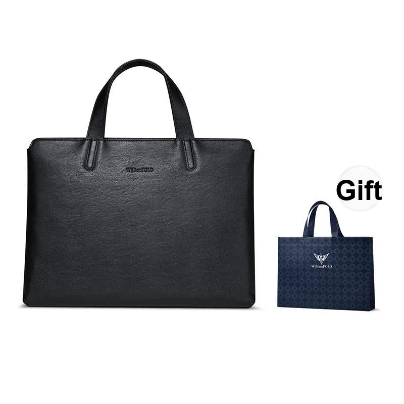 WilliamPOLO Top Grain Cow Leather Briefcase, Handbag Medium Size Men's Black