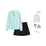 Aqua Blue Sweater+Solid Color Black Pleated Skirt, Comes with Shirt+Accessories
