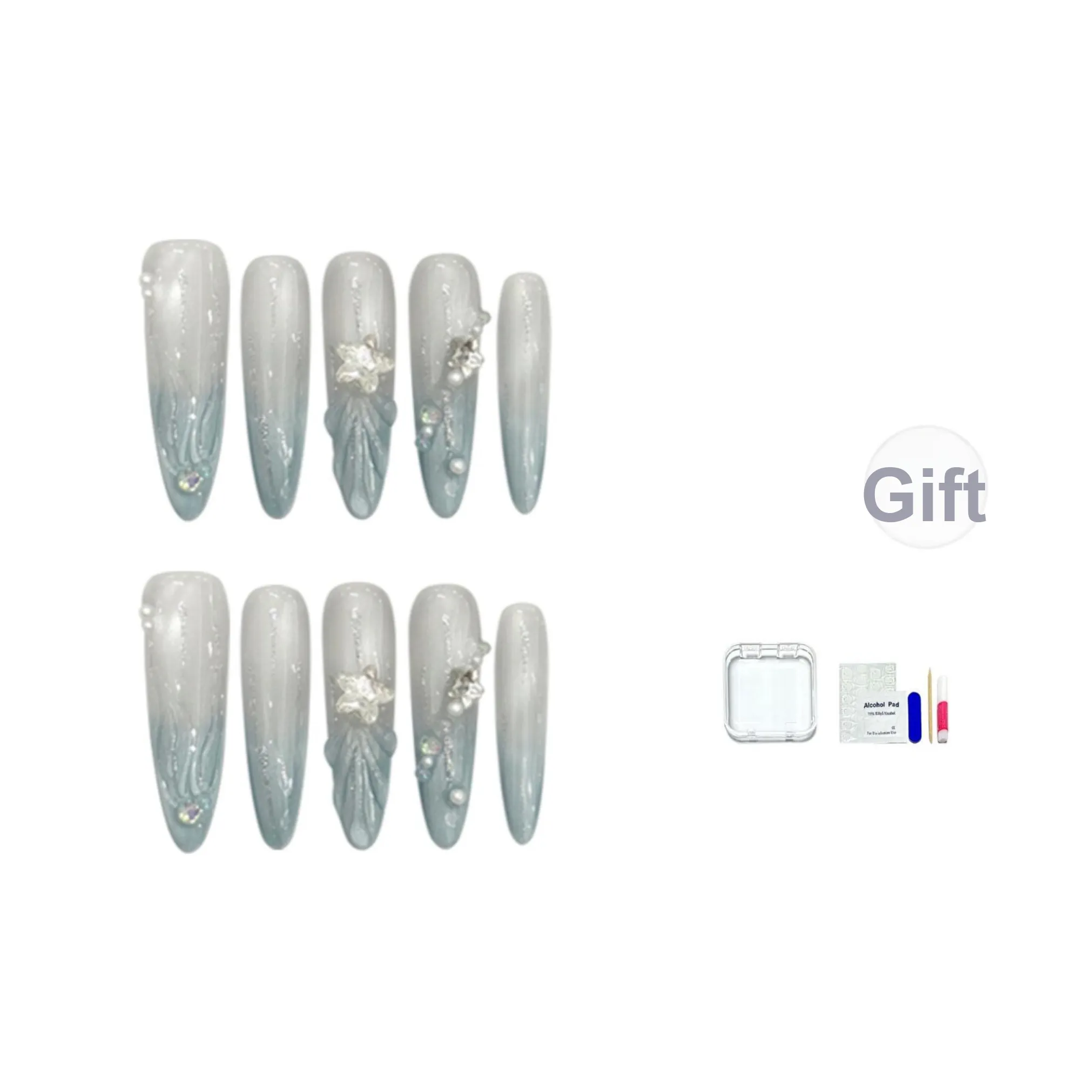 JINGCHANXUE [Океанический Легенда] Русалка Волна Handcrafted False Nail Длинный Синий Градиентный Кошачий глаз 20 мм