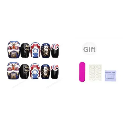 XIBI Лев Символ благополучия False Nail Короткий LADDER Короткий Квадрат Черный Jump Цвет Китайский стиль