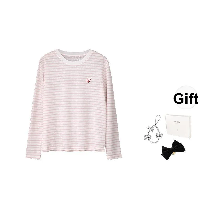 Fstudio Korean Style Stripes Loose Fit Thin Crew Neck Long Sleeved T Shirt Women's