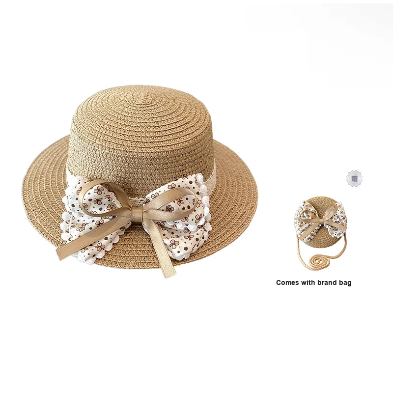 AAJF Paper Reed Summer Girls Sun Protection Straw Hat Bag Set Princess Lace, Beach Hat Kids'-3