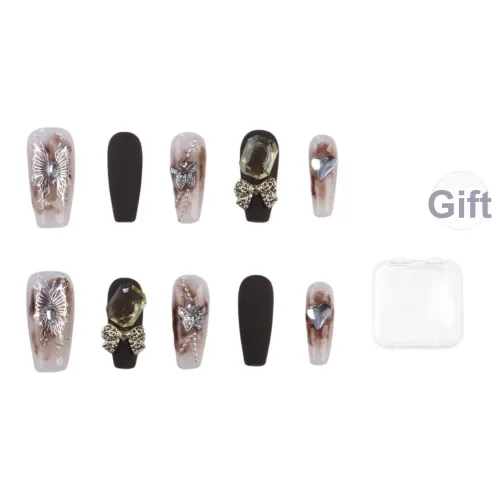 Song Biography Осень и зима Сверкающий страз Утонченный False Nail Средний LADDER Черный белый Смужка Бант 20 мм