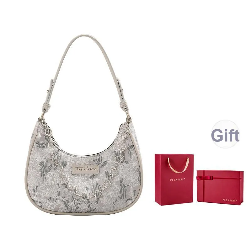 PESASRIE Cow Leather Shoulder Bag, Crescent Bag, Crossbody Bag, Shoulder Bag Regular Women's Gray/Pink